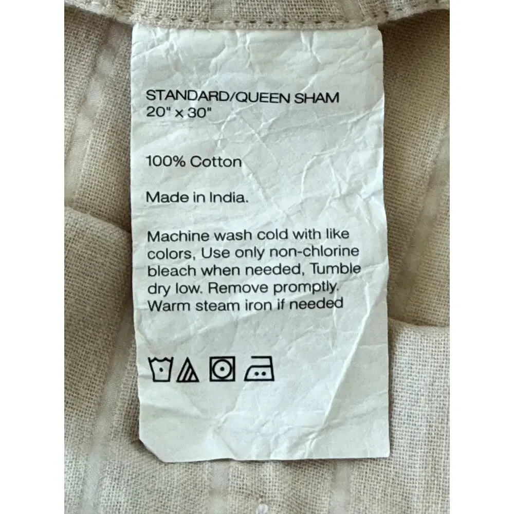 DKNY Pure Standard Queen Pillow Sham Cotton Textured Neutral Tie Back Slub 20x30